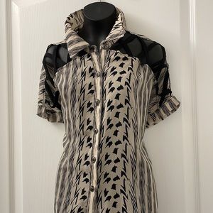 Mendocino button up blouse sheer with cut outs on short sleeves Sz M